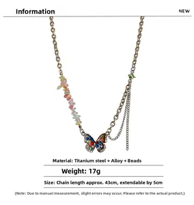 Detail view of colorful crushed stone butterfly pendant necklace with specifications