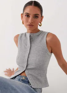 Detailed close-up view of the gray ribbed knit texture on this women's tank top.