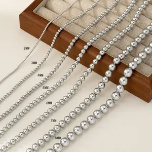 Detailed size comparison view of silver grey pearl necklaces from 2mm to 8mm beads.