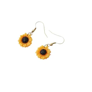 Elegant handmade sunflower drop earrings with yellow petals and black center for women