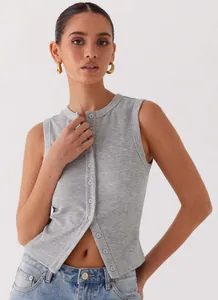 Close-up of a grey ribbed sleeveless button-down tank top with a slim fit Y2K aesthetic