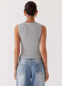 Rear view of a stylish grey ribbed sleeveless summer tank top in a slim-fit cut