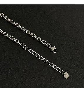 Close-up detail of silver stainless steel chain necklace with lobster clasp and round tag