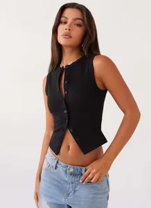 Detailed view of a black sleeveless ribbed tank top with functional button front