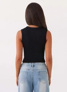 Black sleeveless rib-knit tank top for women, rear view showing slim fit Y2K style.