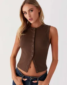 Detailed view of women's brown ribbed sleeveless tank top with functional buttons
