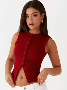 Women Y2K Ribbed Button Tank Top Sexy Slim Fit Cotton Round Neck Sleeveless Vest Top For Summer Casual Streetwear