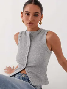 Women's slim fit grey ribbed sleeveless tank top with button up front for summer Y2K style