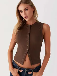 Women's slim fit brown ribbed sleeveless button-down tank top in trendy Y2K style.