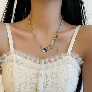 Y2K style butterfly pendant necklace featuring colorful gravel and rhinestones for women