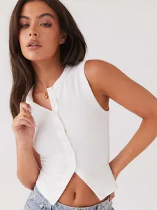 Trendy white ribbed sleeveless button tank top featuring a slim fit Y2K hot girl style