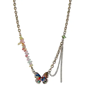 Colorful crushed stone butterfly necklace with sparkling crystals in Y2K style design