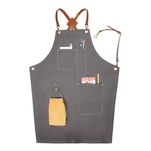 Tablier de Travail en Denim à la Mode avec Bretelles en Cuir Réglables Multi-Poches Résistant à l'Usure pour Barista Coiffeur