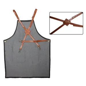 Tablier de travail professionnel en denim gris avec lanières en cuir marron réglables