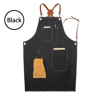 Tablier de travail en denim noir résistant avec plusieurs poches