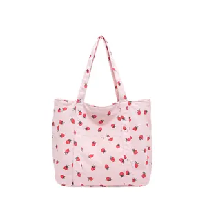 Large capacity pink corduroy tote bag with cute strawberry pattern for daily use