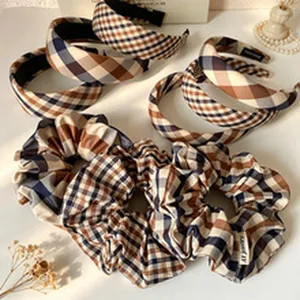 Vintage brown and blue plaid headband and scrunchie hair accessory set for women