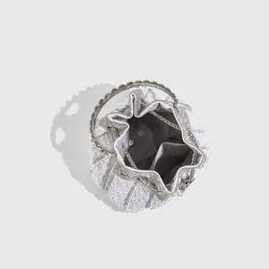 Exquisite white pearl and rhinestone encrusted bucket evening bag with metal handle