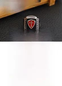 Vintage Crusader cross shield ring for men in red and black enamel stainless steel