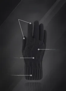 Detailed view of black knitted touch screen gloves with elastic double-layered wrists.