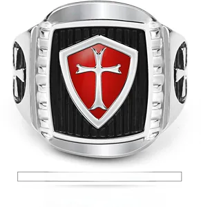 Detailed view of Crusader shield ring with red oil-drop finish and silver cross