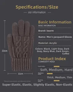 Detailed size chart and technical specifications for thermal knitted touch screen gloves