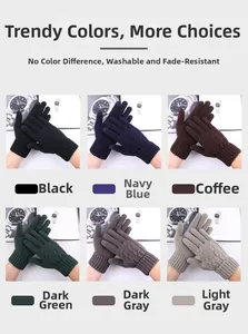 Detail showing color options for winter knitted touchscreen gloves in multiple shades.