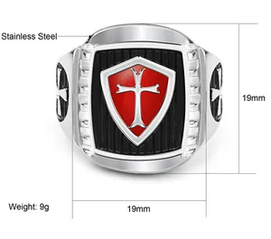 Mens retro crusader red cross stainless steel ring with 19mm diameter measurement detail