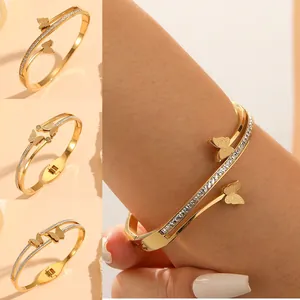 European American Stainless Steel Gold Plated Butterfly Bangle For Women Double Layer Rhinestone Animal Cuff Bracelet Jewelry