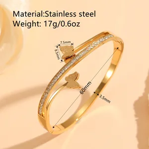 Elegant gold stainless steel butterfly double layer bracelet with sparkling zircon stones inlay