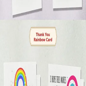 Detailed macro shot of rainbow thank you cards with English text on high-grade paper.