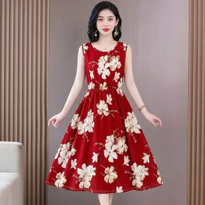 Elegant red sleeveless floral dress for women with waist-slimming mid-length design