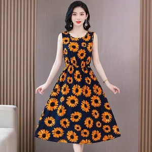 Elegant navy blue sleeveless midi dress with vibrant sunflower print and cinched waist