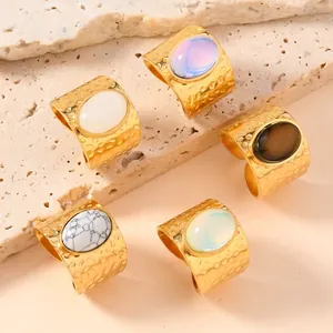 Vintage Stainless Steel Open Ring Women Gold Plated Hammered Oval Natural Stone Adjustable Statement Finger Ring Jewelry