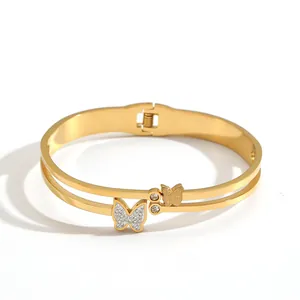 Elegant gold stainless steel butterfly bangle with rhinestones and double-layered design