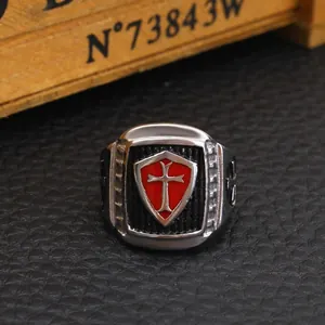 Vintage Crusader men's stainless steel ring featuring a bold red enamel shield cross design