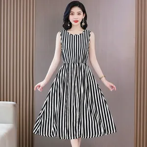 Elegant sleeveless midi dress featuring classic black and white vertical stripes