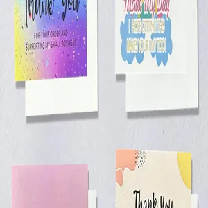 Detail view of various colorful English thank you cards for small business greeting