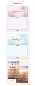 Elegant English thank you cards featuring watercolor backgrounds and beach sunset motifs.