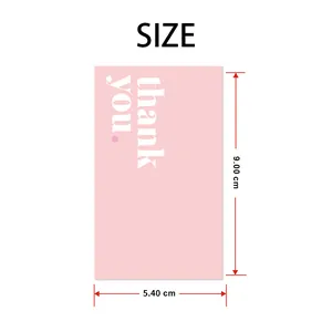 Product size details for a pink thank you gift card with dimensions 9.00x5.40 cm