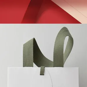 Macro detail of high-grade olive green ribbon handle on elegant white gift paper bag