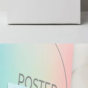 Close-up detail of a pastel gradient thank you card featuring bold POSTER typography