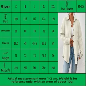 Detailed size chart for women's batwing sleeve shirt with bust and length measurements in cm