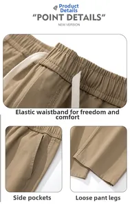 Detail shots of khaki cotton pants featuring elastic waistband and loose leg openings.