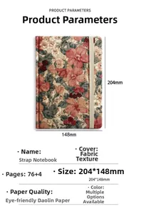 Detalle del cuaderno A5 de pana con flores vintage, 204x148mm con banda elástica
