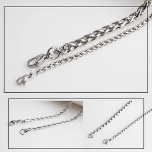 Detailed macro shots of various stainless steel chain textures including wheat and rope designs