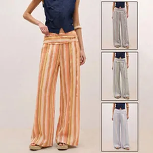 High-waisted striped wide-leg pants for women, casual Bohemian style cotton trousers