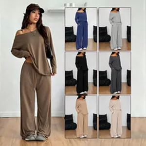 Detailed view showing the solid color knit lounge set available in multiple color options.
