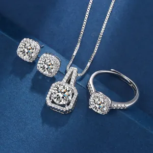 Close-up of luxury square halo zircon jewelry set including ring earrings and necklace