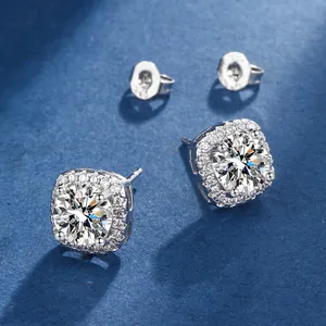 Elegant silver-toned square halo stud earrings featuring sparkling round cut zircon stones.